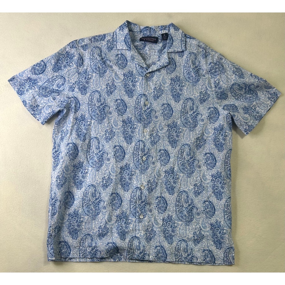 Roundtree & Yorke Mens Blue Paisley Linen Cotton‎ Short Sleeve Button Up Shirt M